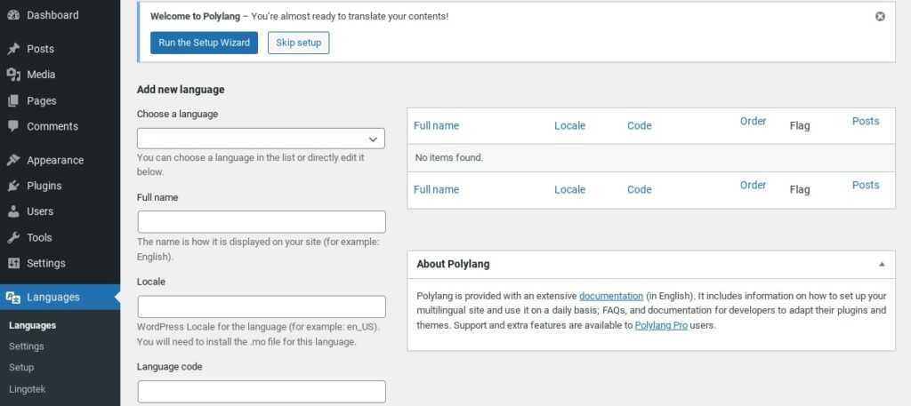 The Polylang plugin settings