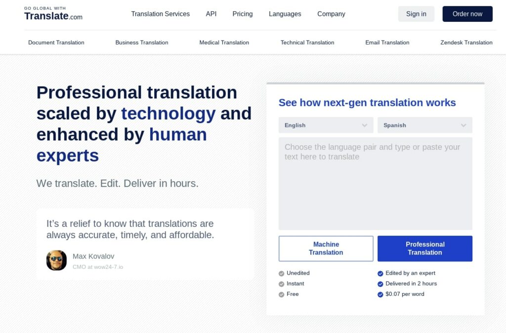 The Translate.com homepage