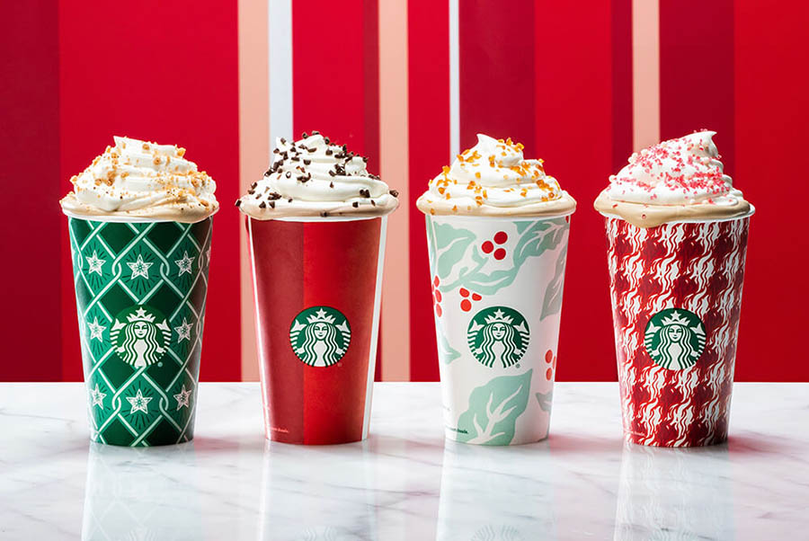 Holiday cups offered by Starbucks.