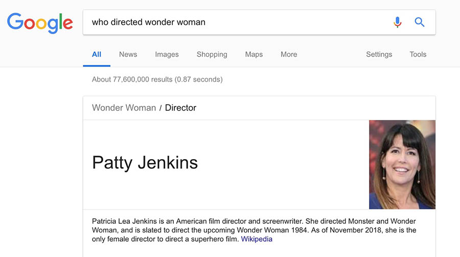 A Google result using an answer box.