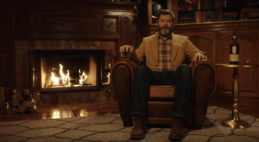 Screenshot of Lagavulin’s Yule Log video, starring Nick Offerman.