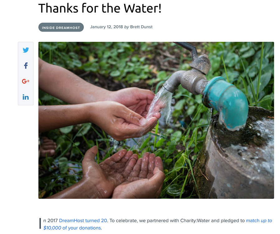 DreamHost partnered with Charity:Water to raise money in 2017.