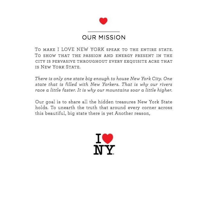 The mission statement from the “I Heart NY” brand style guide.