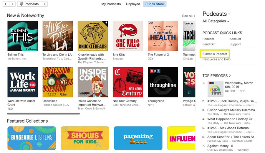 The iTunes Submit a Podcast link.