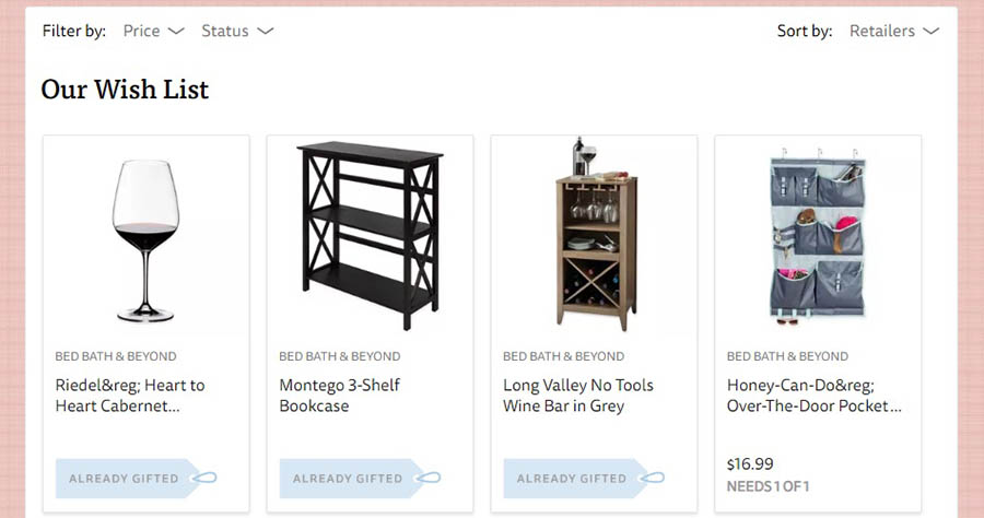 An example of a wedding site’s Gift Registry page.