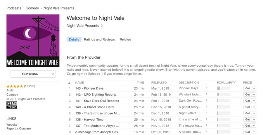 iTunes listing for the podcast Welcome to Night Vale.