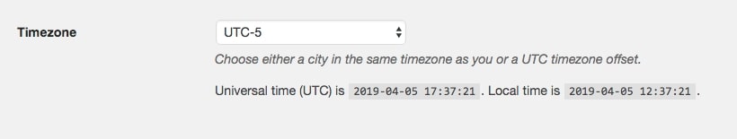 The WordPress Timezone settings.