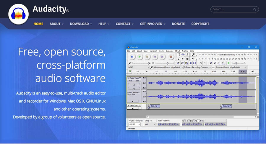 The Home page for Audacity.