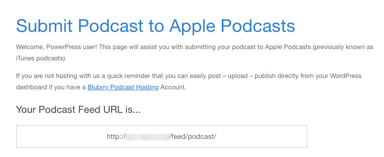 A podcast feed URL displayed via PowerPress and Blubrry.