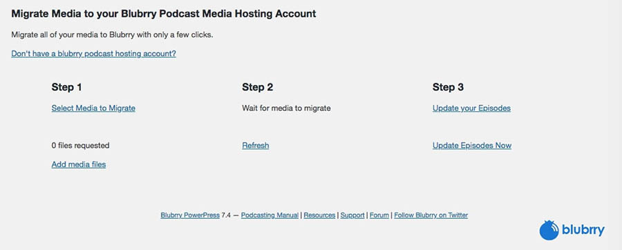 The Migrate Media section of PowerPress in the WordPress dashboard.