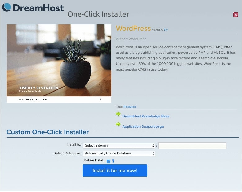 DreamHost’s WordPress one-click installer.