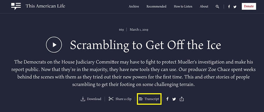 The transcript option for an episode of the podcast This American Life.