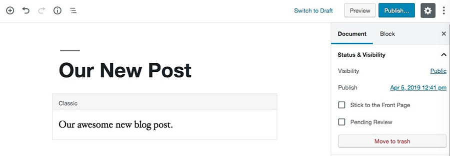 Unscheduling and publishing a post. Note the blue Publish button.