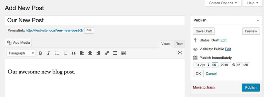 The scheduled publication date and time settings.