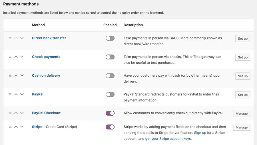 The Payment Methods settings in WooCommerce.