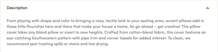 A product description for a throw pillow from Wayfair.