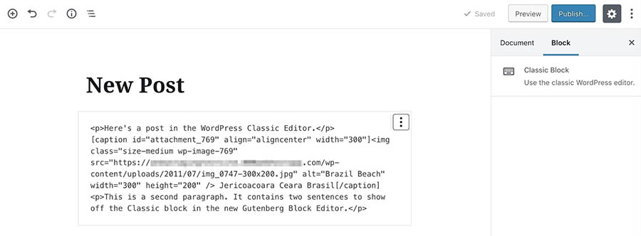 Editing a Classic block in HTML.