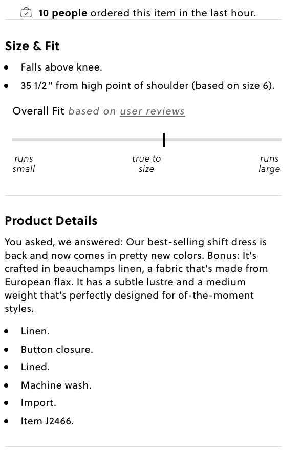 J. Crew product description with bullet points. 