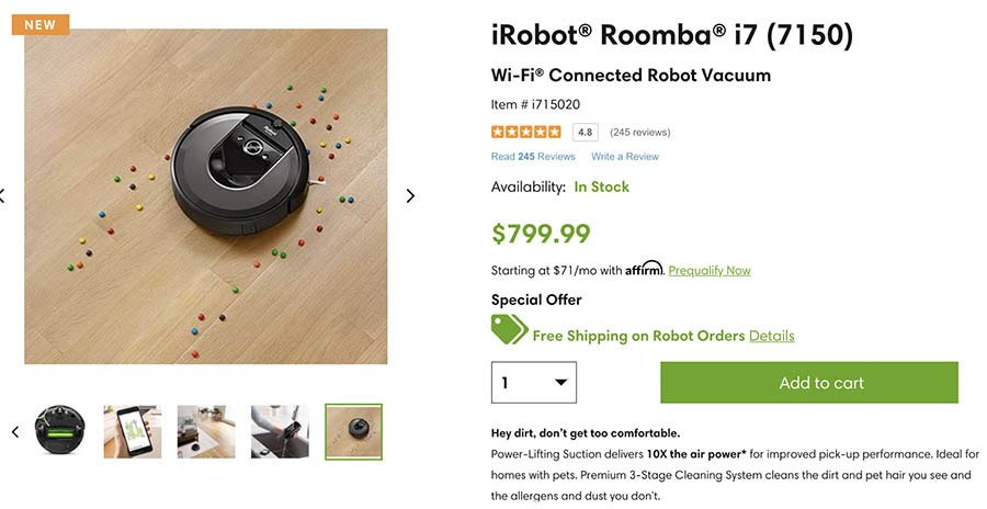 iRobot’s Roomba i7 product page.