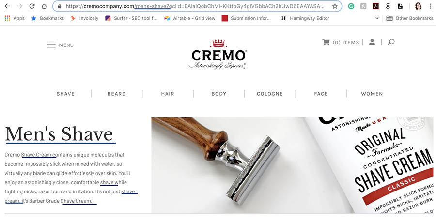 Cremo product descriptions focused on keywords. 