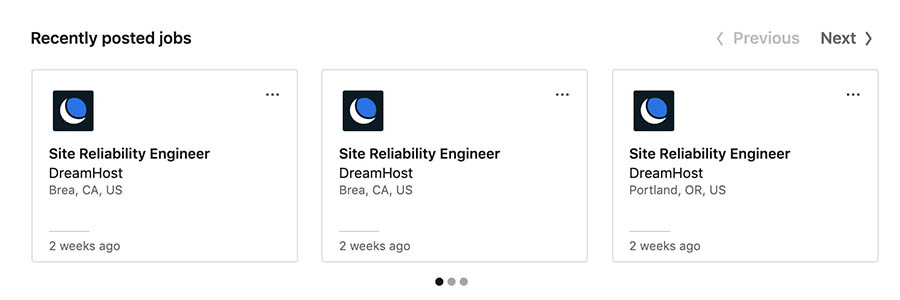 Job postings on DreamHost’s LinkedIn company page.