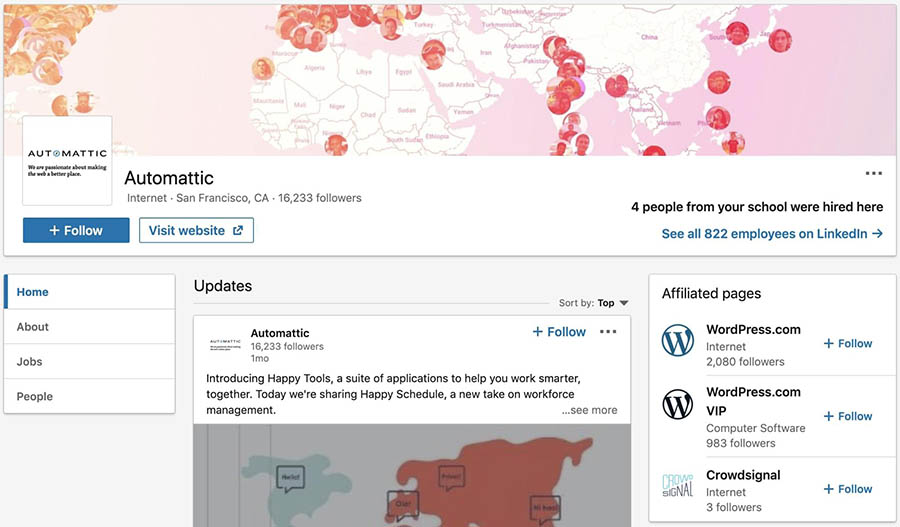 The showcase pages on Automattic’s LinkedIn company page.