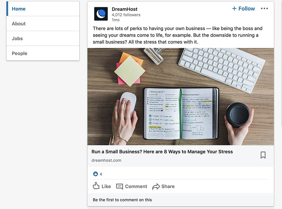 A blog post on the DreamHost LinkedIn company page.
