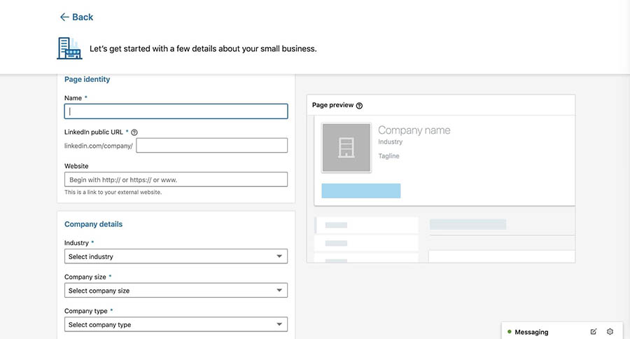 Adding company details to a new LinkedIn company page.