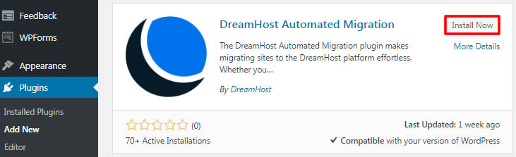 Alt text: Installing DreamHost Automated Migration plugin
