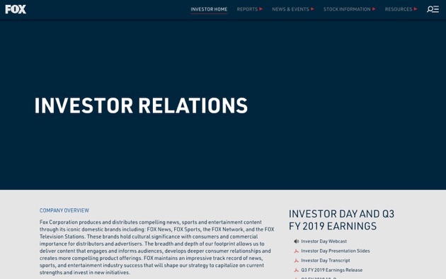 Screenshot of Fox.inc’s investor relations website.