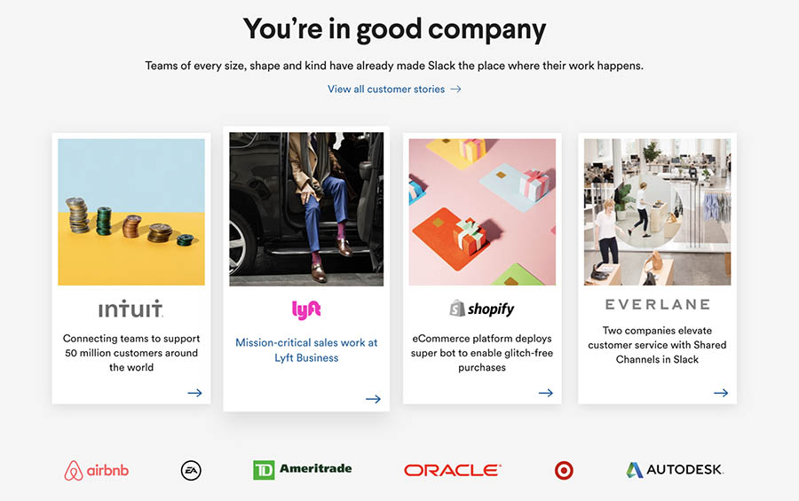 Slack testimonial examples from high-profile users.