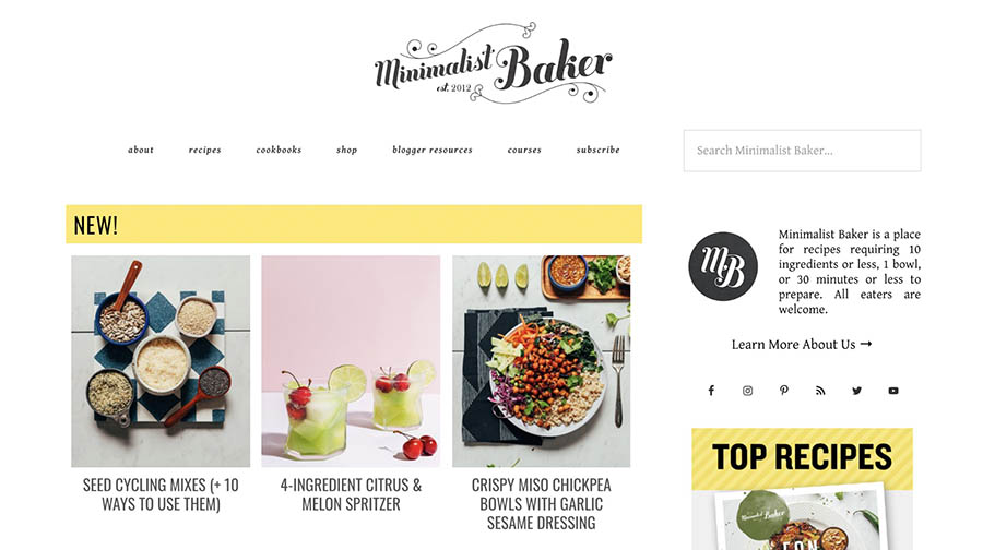 The Minimalist Baker home page. 