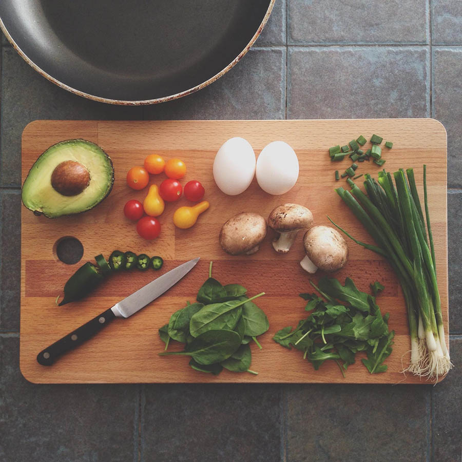 Cutting board with fresh ingredients.