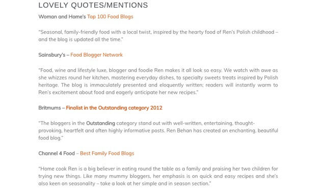 Testimonials from Ren Behan’s media kit page. 