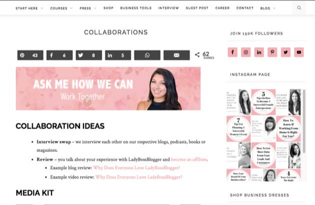 LadyBossBlogger’s media kit page featuring collaboration information