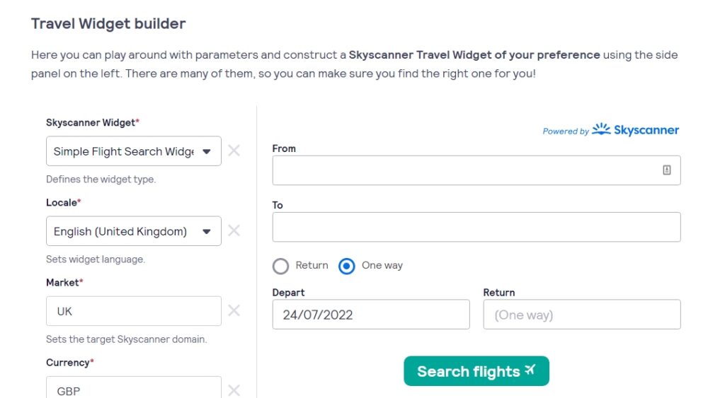 Widżet podróżniczy Skyscanner