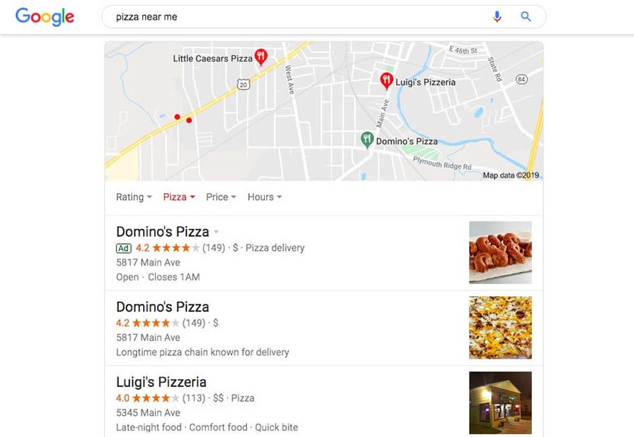 Three search results under a Google Map.