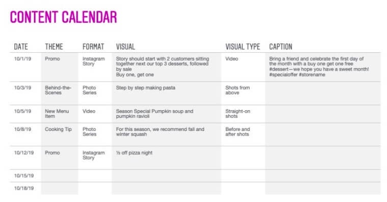 ‘Instagram’s sample content calendar’.