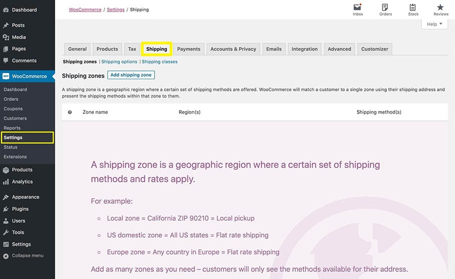 Accessing WooCommerce’s shipping settings.