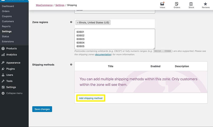 Adding a shipping method to a WooCommerce shipping zone.