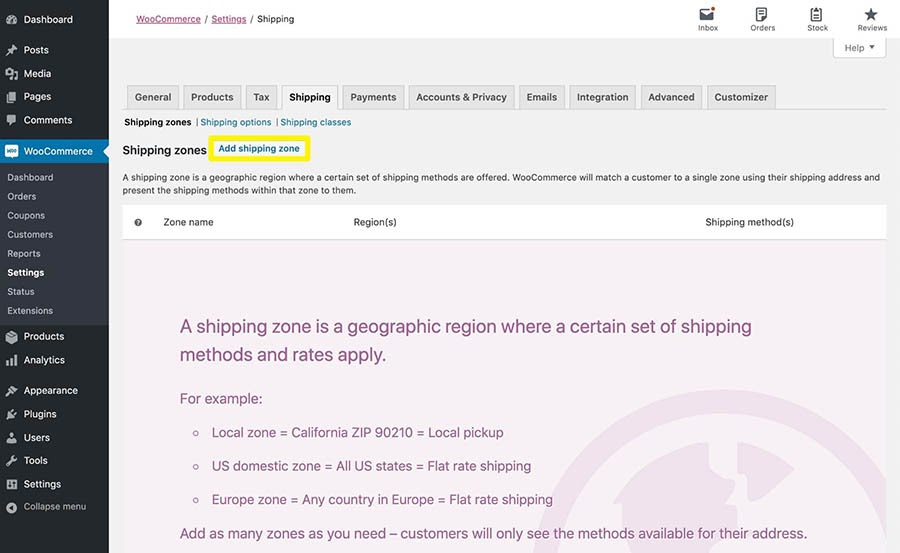 Adding a shipping zone in WooCommerce.