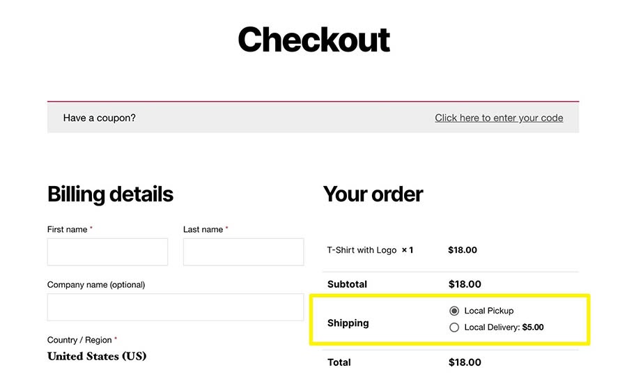 Curbside pickup and local delivery options on the checkout page.