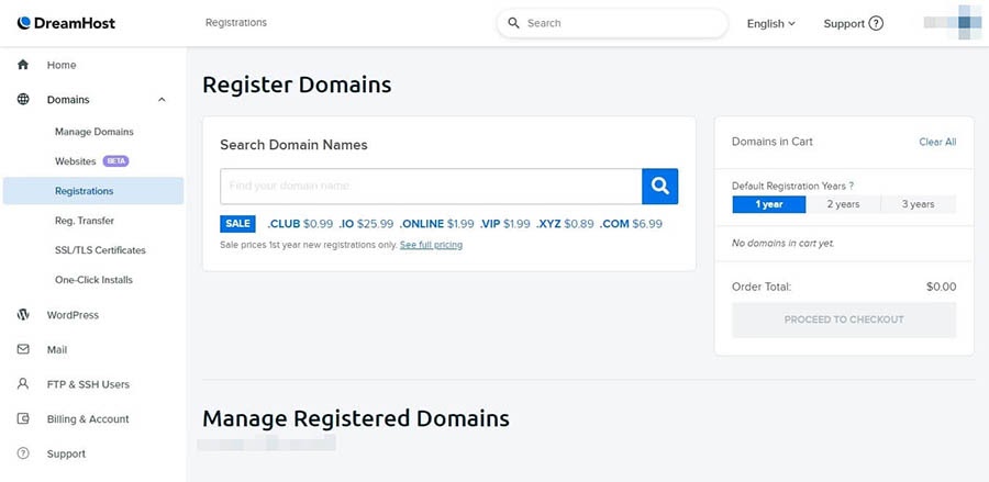 The Domain Registrations page of the DreamHost control panel.