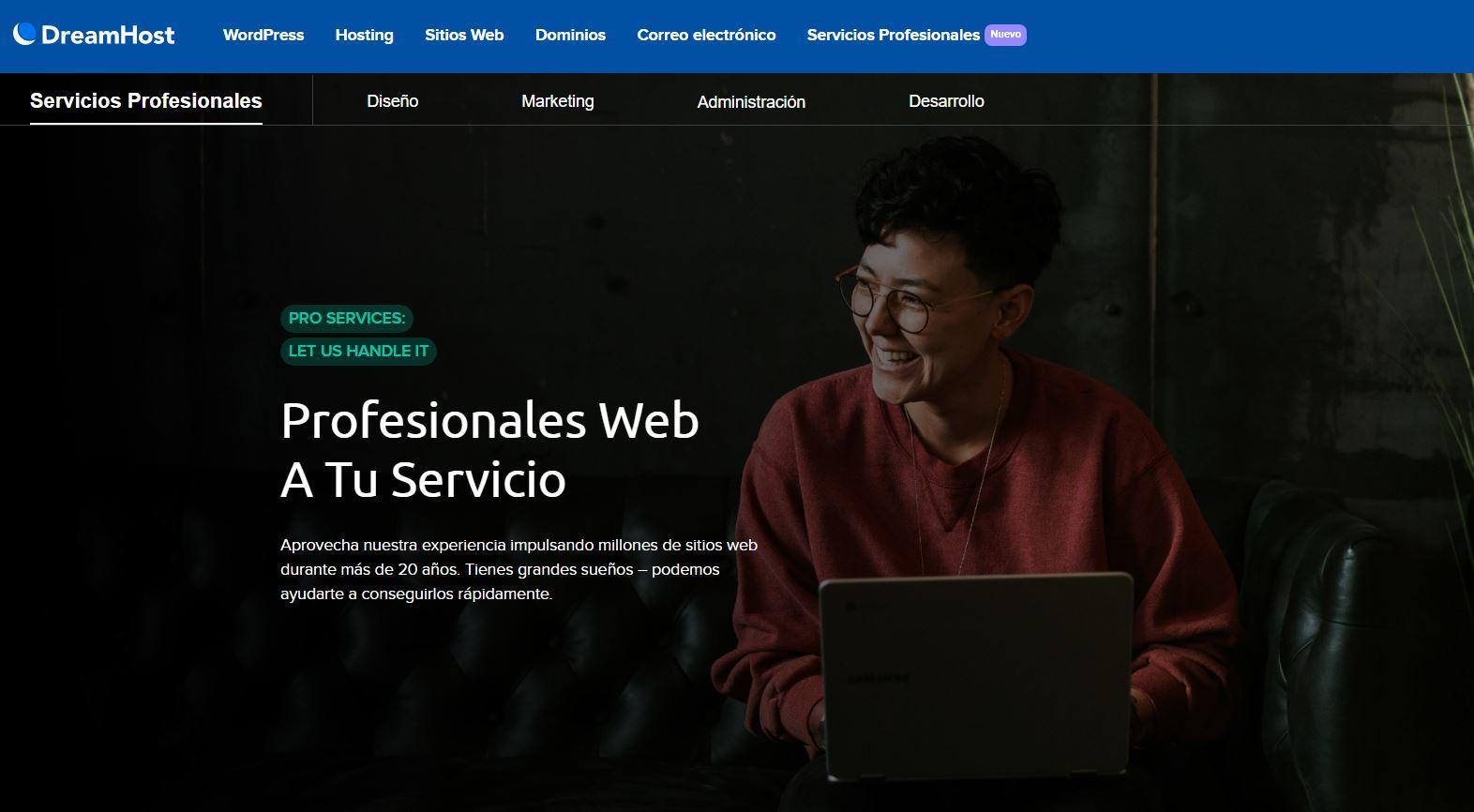 La página web de Servicios Profesionales de DreamHost.