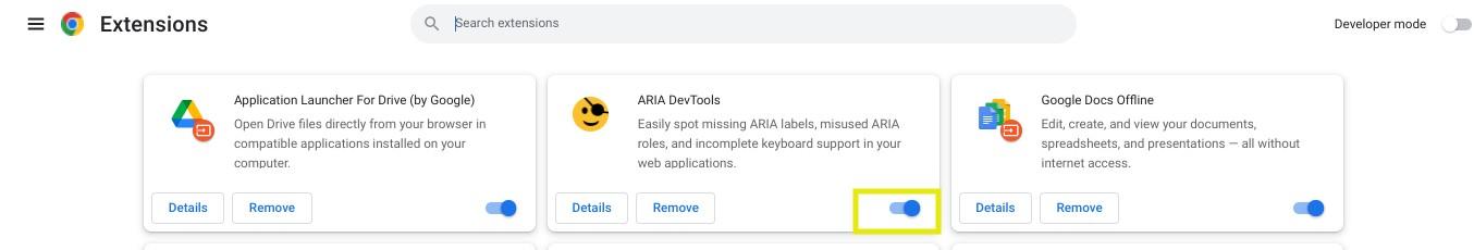 La opción para habilitar la extensión ARIA en Google Chrome.