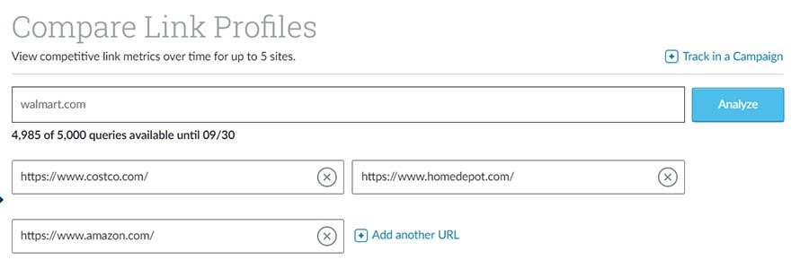 “Compare Link Profiles” data on Link Explorer