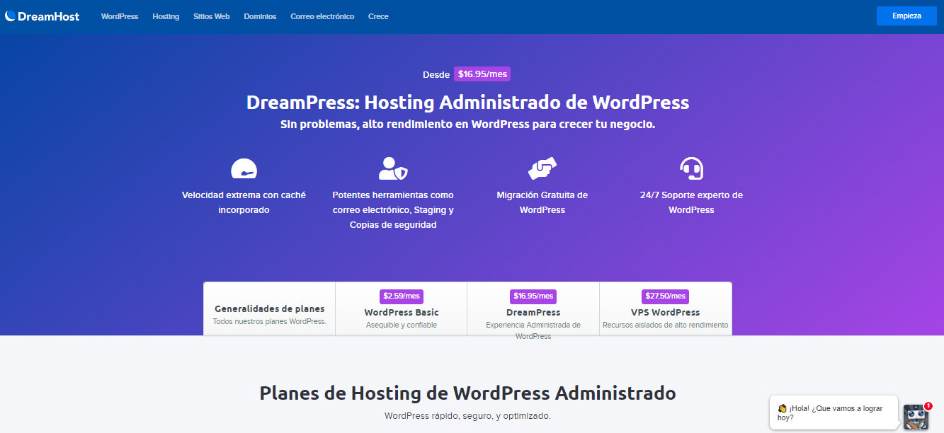 Alojamiento DreamHost de WordPress administrado.