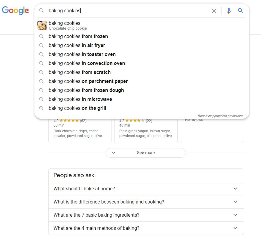 Google suggestions based on a search for baking