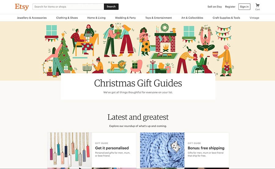 Holiday gift guides on the Etsy home page.