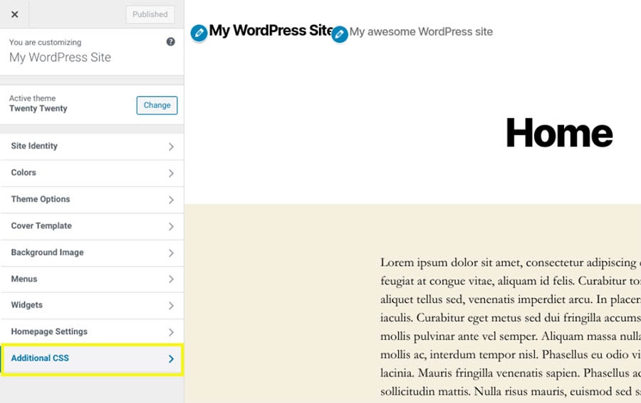 La sección Additional CSS en el personalizador de WordPress.